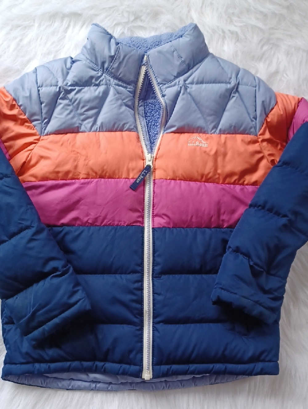 L.L Bean Puffer Down Colorblock Jacket. Girls 10-12. Blue Pink Purple.